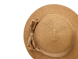 Top view of a woman's straw hat with a canvas bow