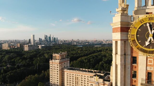 Big vintage Clock on Stalin Skyscraper tower in Moscow