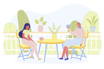 Happy Women Sit on Open Terrace at Home or Cafe