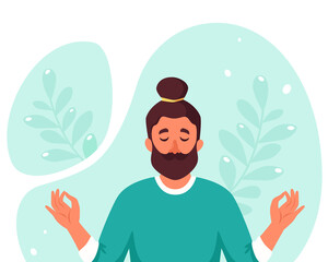 Man meditating. Healthy lifestyle, yoga, meditation, relax, recreation. Vector illustration.