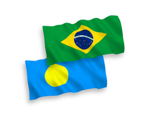 National vector fabric wave flags of Brazil and Palau isolated on white background. 1 to 2 proportion.