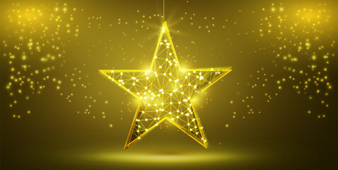 Obraz premium One magic star on a pedestal with low poly design. Vector illustration with glitter, sparkles, and snowflakes on blue background. The stylish concept with shimmering fantasy luxury star shape.