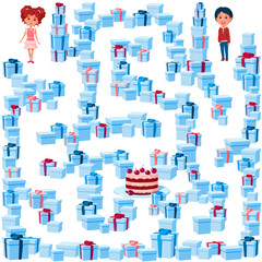 Help the boy and girl find their way to the birthday cake in the maze of holiday gifts. Children's game picture with the task to go through the maze.
