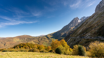 Beutiful autumn woods at mountain ridge of Pyrenee mountain range  in France under blue sky