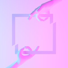 Neon color empty square picture frame held by two hands. Place for your text. 3D illustration.