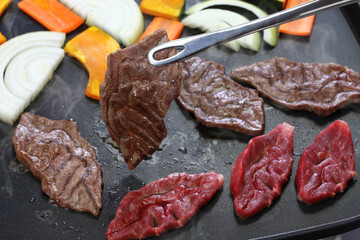 grilled meat by electric griddle, a rare part of japanese wagyu beef called Senbon
