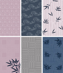 Japanese Social Media cover Layout. Vector set of asian template in oriental style for womanly profile, social media, mobile app. Abstract background with wave, fan, bamboo in grey, blue, lilac color