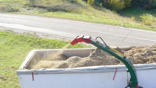 Tree chipper machine grinding tree into the covered truck.