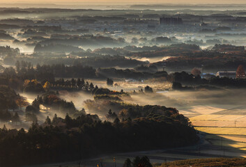 茨木県かすみがうら市三ツ石森林公園から朝もやと光芒