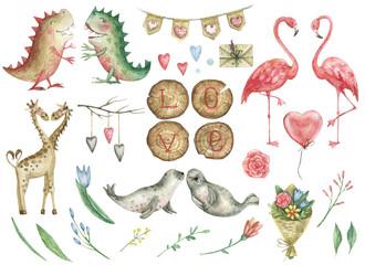 Fototapeta premium Watercolor cute set for Valentine's Day with enamored seals, giraffes, flamingos and dinosaurs. Decor from wooden log cabins with the inscription 