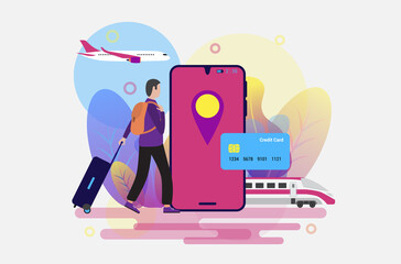 Online travel booking concept with tourist, baggage, ship, airplane and mobile phone app