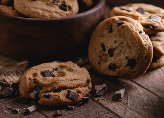 Chocolate Chip Cookies on a Wooden Table