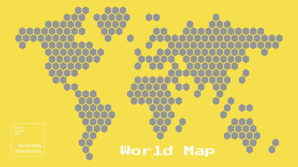 World information security concept. An abstract map of the world made up of hexagons. In the color of the year 2021. Ultimate Gray and Illuminating Yellow.