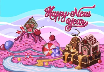 Obraz na płótnie Canvas Gingerbread house. Set of hand drawn gingerbread houses. New Year