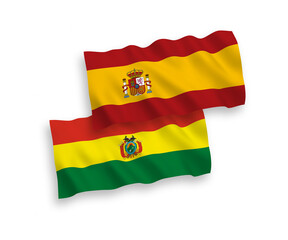 National vector fabric wave flags of Bolivia and Spain isolated on white background. 1 to 2 proportion.