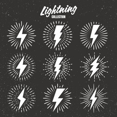 Set of vintage lightning bolts and sunrays on grunge background. Lightnings with sunburst effect. Thunderbolt, electric shock sign. Vector illustration.