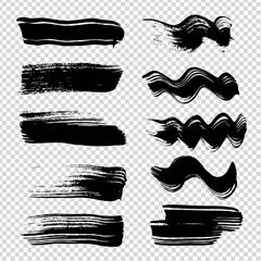 Black smooth and wavy thick brush textured strokes on imitation transparent background