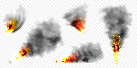 Realistic black smoke clouds and fire. Flame blast, explosion. Stream of smoke from burning objects. Forest fires. Transparent fog effect. Vector design element.