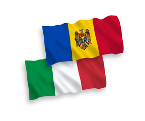 National vector fabric wave flags of Italy and Moldova isolated on white background. 1 to 2 proportion.