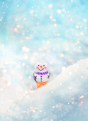 cute little snowman in snow, winter background. Holiday winter season card. Christmas and New Year festive concept. copy space