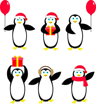Cute cartoon penguins on white isolated background with red hat, red scarf, gift box with red ribbon and air balloon. Vector illustration.