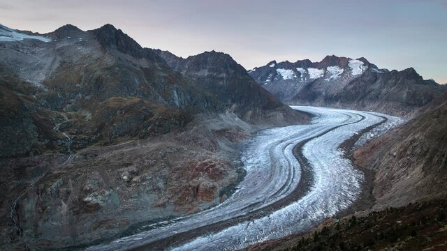 Day to night time lapse of Europe's biggest glacier - Aletsch Glacier in Switzerland