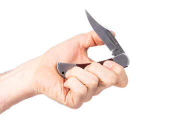 Sharp metal pocket knife in hand