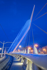 Lights on the Chords Bridge, or Bridge of Strings - light rail and pedestrian cable-stayed bridge at the entrance to Jerusalem, tallest landmark of the city, its shape inspired by the Harp of David