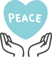 peaceと書かれた水色のハートを掲げる手のイラスト素材