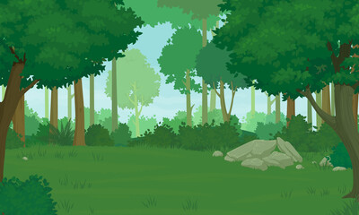 Cartoon forest landscape. Deciduous trees with lush foliage, thick shrubs, rocks and green grass. Summer or spring day illustration. Vector.