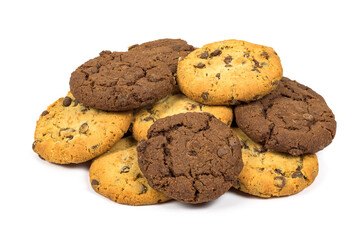 Heap of different chocolate chips cookies on white background