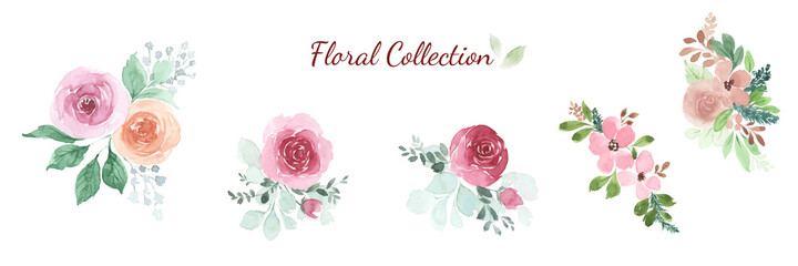 Watercolor floral rose bouquet design element set