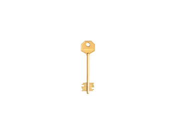 Metal key from the door of home on a white background isolate. Manufacturing of keys. house, apartment, building, design, project, moving, mortgage, rent and purchase real estate, booking. Copy space