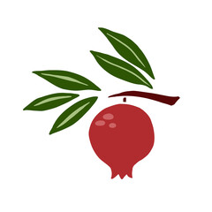 Pomegranate branch. Exotic tropical red fresh fruit, whole juicy garnet with green leaves, vector cartoon minimalistic style isolated illustration, print or poster, sticker