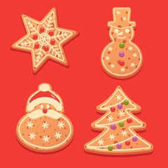 Festive New Year's cookies. Vector illustration of New Year's cookies in the form of a star, a snowman, Santa and a Christmas tree. Delicious homemade gingerbread cookies for the winter holidays.