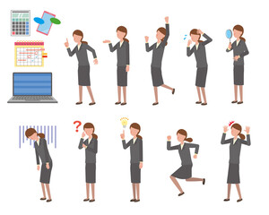 スーツ姿の女性会社員色々なポーズイラストセット