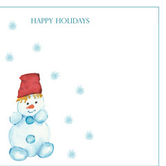 Watercolor hand painted winter holiday frame with snowman in red hat and blue snowflakes isolated on the white background with happy holiday text for christmas and new year card design