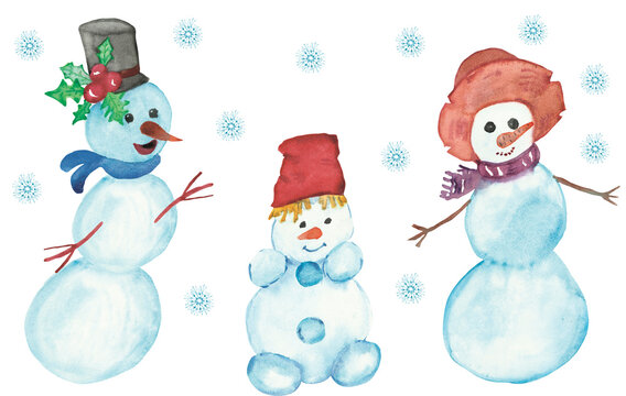 Watercolor hand painted winter holiday set composition with three snowman in a hat and skarf with blue snowflakes isolated on the white background for new year and christmas card design