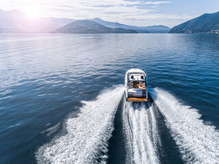 Aerial view of speed boat.