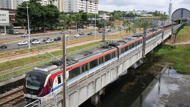 salvador, bahia, brazil - december 23, 2020: locomotive of the subway in the city of Salvador is seen passing on line two, in the Paralela region.