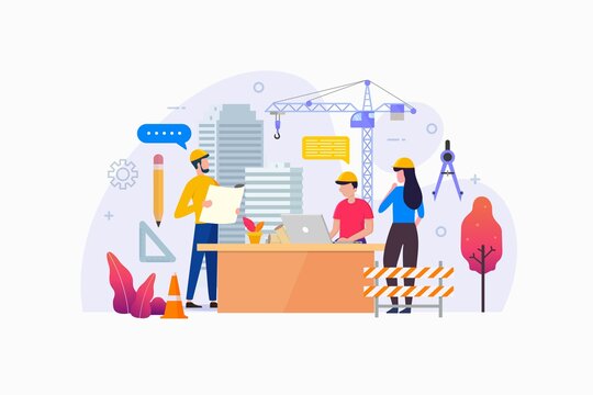 Architecture Agency Vector Illustration Concept Showing architect and Draftman planing for building large office space.