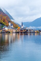 Lake view of famous Hallstatt village in Salzkammergut area, Austria