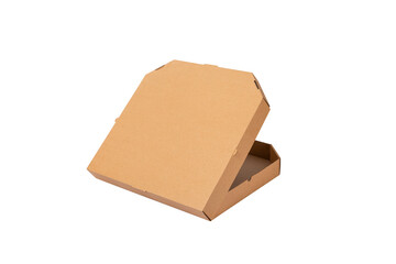 Pizza paper box isolated on a white background. Empty open pizza cardboard container. Delivery packaging. Mock up, copy space.