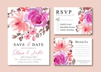 Wedding Invitation Cards with Warm Purple Peonies Watercolor Floral Bouquets