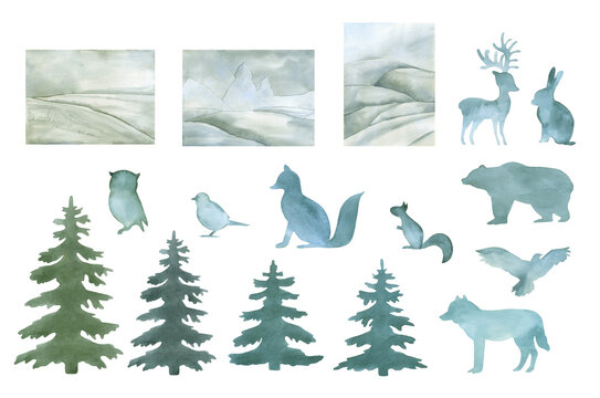 Watercolor arctic animals and landscape with pine tree hand painted background