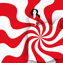 The pattern of a woman's gown blends with an abstract background.