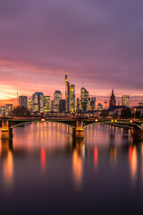 The Main with the Frankfurt skyline in the evening, at sunset. Nice overview of the city and its surroundings. in a special shade