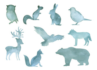 Watercolor green silhouettes of wild forest animals. Hand drawn wildlife illustration