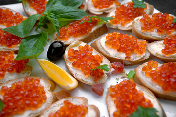 bruschetta, Sandwiches with red salmon caviar, on a white plate, close-up, shallow depth of field. Banquet decoration, catering. butty