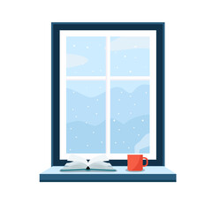 Window with winter landscape outside with mountains and snow concept. Inside the warm house with the cup of tea, coffee or hot chocolate on window sill, looking through the window. Vector illustration